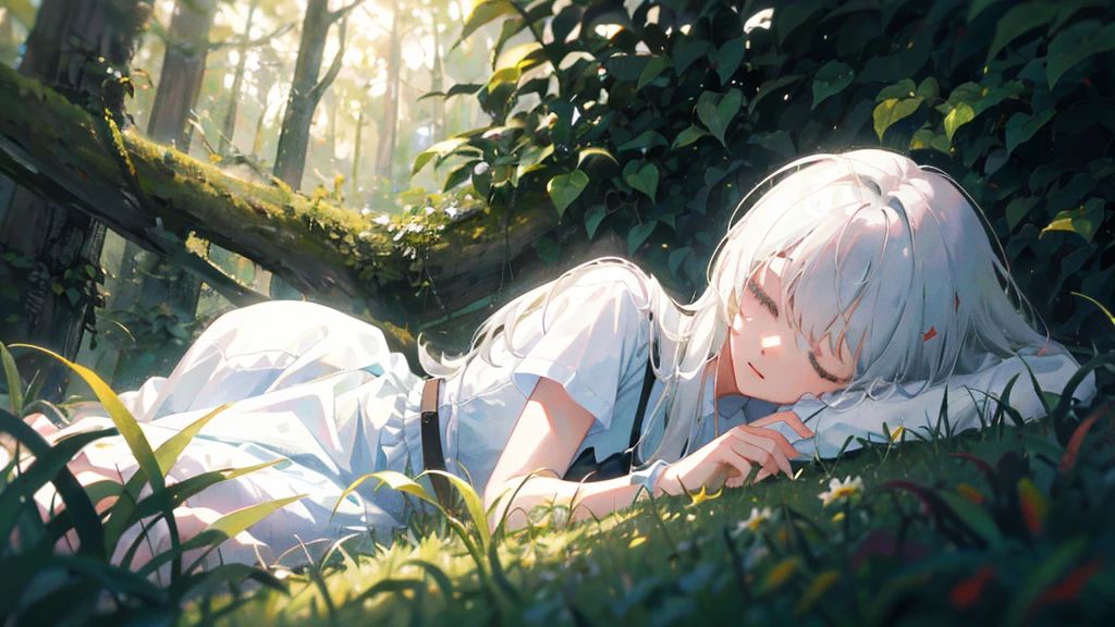 girl, sleep ,white haire, in the forest,4k,high detail