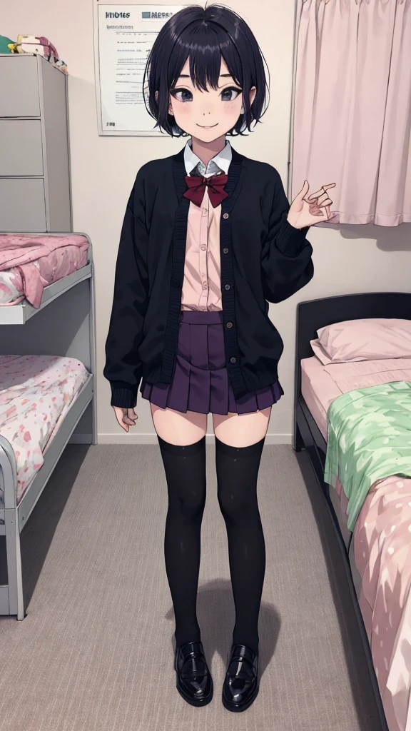 1girl,6,(pee),my room,,standing,uniform,cardigans,miniskirt,looking viewer,,thighhighs,shoes,short hair,bob hair