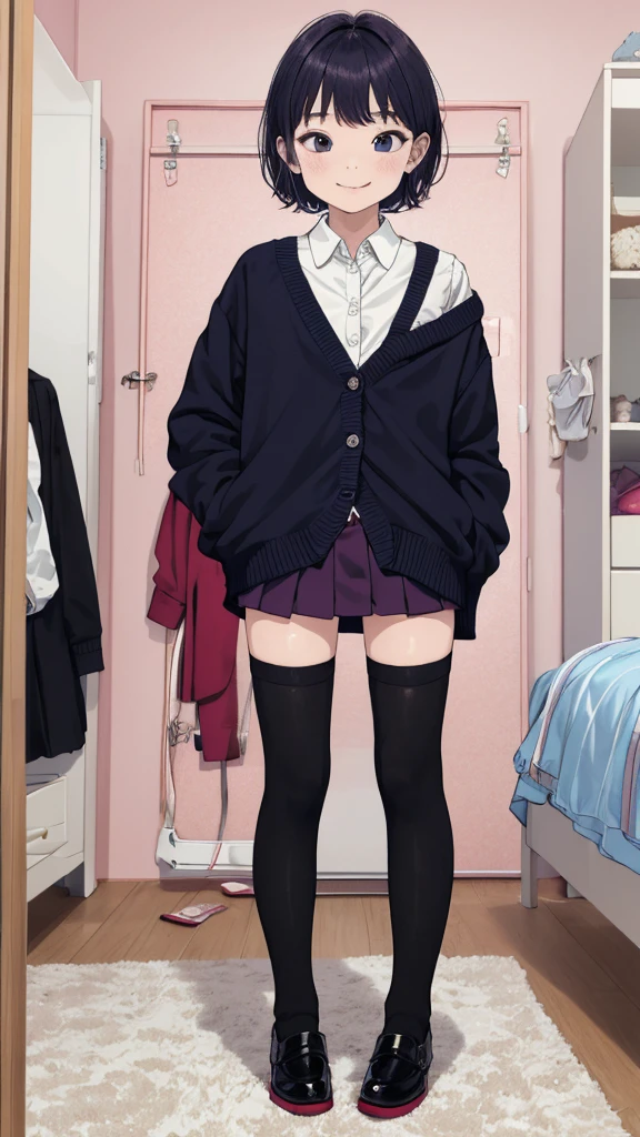1girl,6yo,(petite),my room,,standing,uniform,cardigans,miniskirt,looking viewer,,thighhighs,shoes,short hair,bob hair