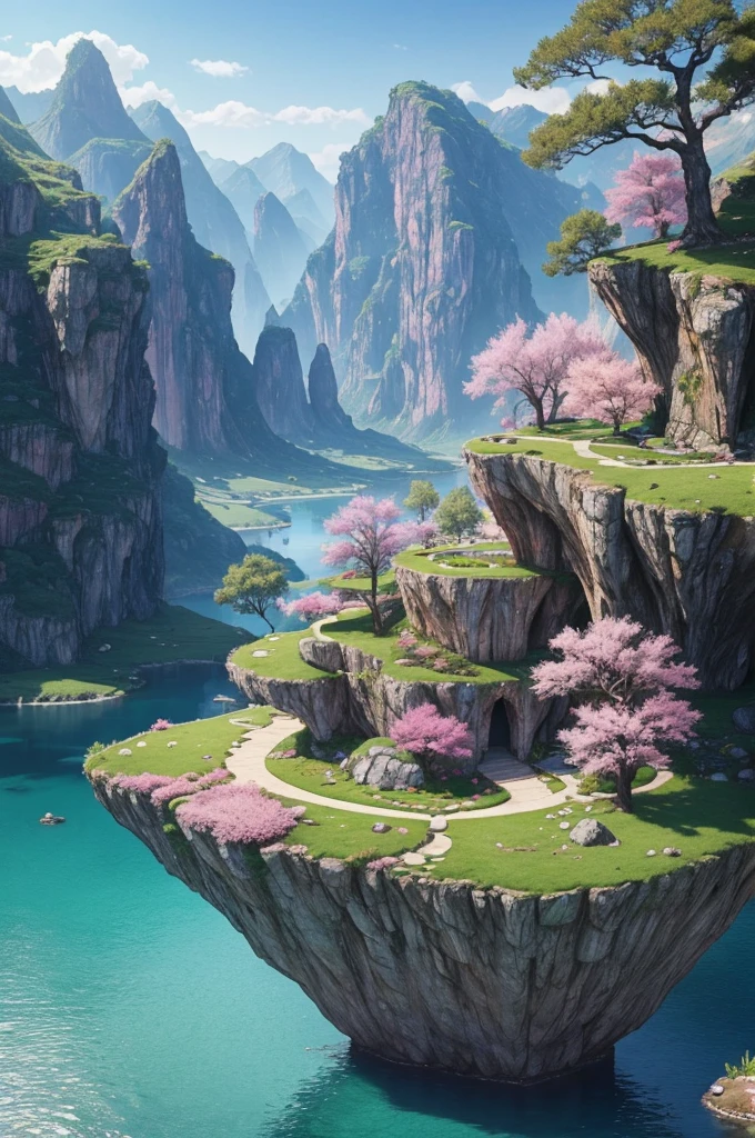 Fantasy World，Fantastic natural scenery，Magnificent valley，There are huge rocks around，Pink fantasy grass，There is a clear lake in the center，Surrounded by fantasy-style trees and plants。Realistic style，Real light，Authentic materials