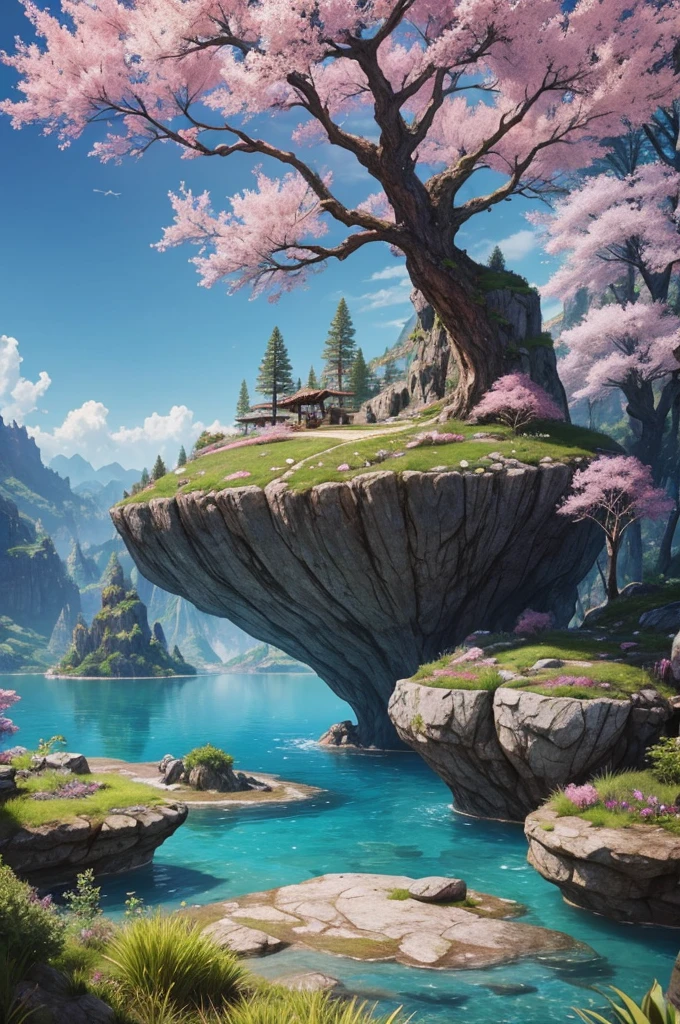 Fantasy World，Fantastic natural scenery，Magnificent valley，There are huge rocks around，Pink fantasy grass，There is a clear lake in the center，Surrounded by fantasy-style trees and plants。Realistic style，Real light，Authentic materials