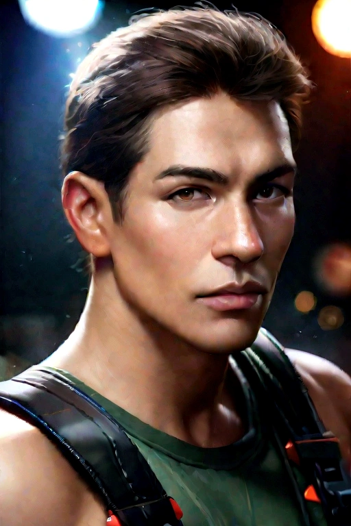 a muscular man with crossed arms, wearing a green tight shirt, white pants, and fingerless gloves, looking at the viewer, solo male focus, chris redfield, (best quality,4k,8k,highres,masterpiece:1.2),ultra-detailed,(realistic,photorealistic,photo-realistic:1.37),HDR,UHD,studio lighting,ultra-fine painting,sharp focus,physically-based rendering,extreme detail description,professional,vivid colors,bokeh,portrait