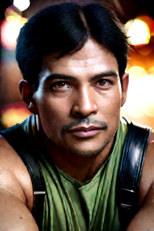 a muscular man with crossed arms, wearing a green tight shirt, white pants, and fingerless gloves, looking at the viewer, solo male focus, chris redfield, (best quality,4k,8k,highres,masterpiece:1.2),ultra-detailed,(realistic,photorealistic,photo-realistic:1.37),HDR,UHD,studio lighting,ultra-fine painting,sharp focus,physically-based rendering,extreme detail description,professional,vivid colors,bokeh,portrait