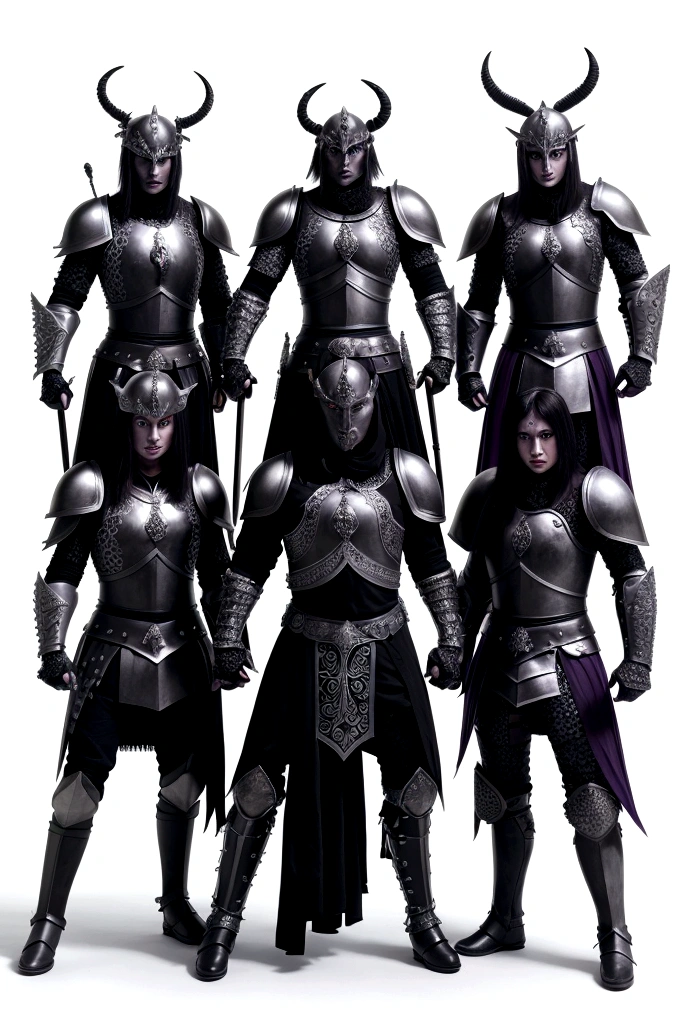 Three warriors in full armor, but in a demonic style. Each armor is a different color: black, white, and purple.