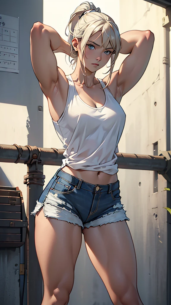 hand drawn art, Conceptual Art, Detailed sketch, Sketches, Manga art style, A young woman with French features, White tank top, White shorts, Open Fly、Long, thick, dark golden hair styled in a ponytail, blue eyes, Lean, strong, toned muscles, Standing in a lewd, sensual pose with arms behind her head、Short torso、A triumphant look、(((着古したボロボロのWhite shorts))),、(((White shortsを穴だらけにする))),、See-through、(((White shortsのチャックを開く))),、(((Clear white skin))),、Natural light、Photorealistic perfect body, Perfect body with realistic shadows, Perfect face with realistic shadows、Highest quality、masterpiece、Edgy Lines、Ultra-high resolution、Physical Beauty、Wide Hips、Big Ass、((Thick and strong muscular thighs))、((Stand with your legs spread wide))Realistic and large breasts、(The depth of the written boundary, f/1.2:1.45),Great quality, Beautiful details, Very detailed, Ultra-fine, 16K, Exquisite, Absurd,((masterpiece)),(((Highest quality))),Big Breasts、(((White shortsだけもっとボロボロにする))),、(((White shortsだけボロ布のように破く)))、(((Thin and long arms))),Anatomically correct、、triumphant expression、Short bangs、