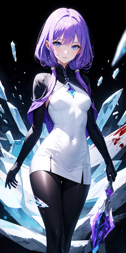 One girl, Purple Hair, blue eyes,Ice Witch, Blood, Particles of light, light, wallpaper, High Contrast, colorful,