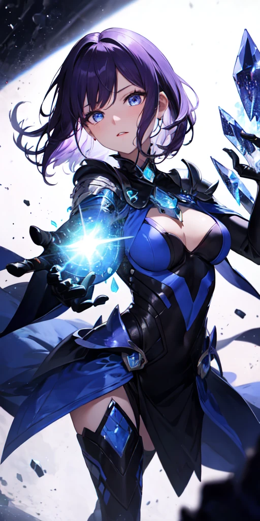 One girl, Purple Hair, blue eyes,Ice Witch, Blood, Particles of light, light, wallpaper, High Contrast, colorful,