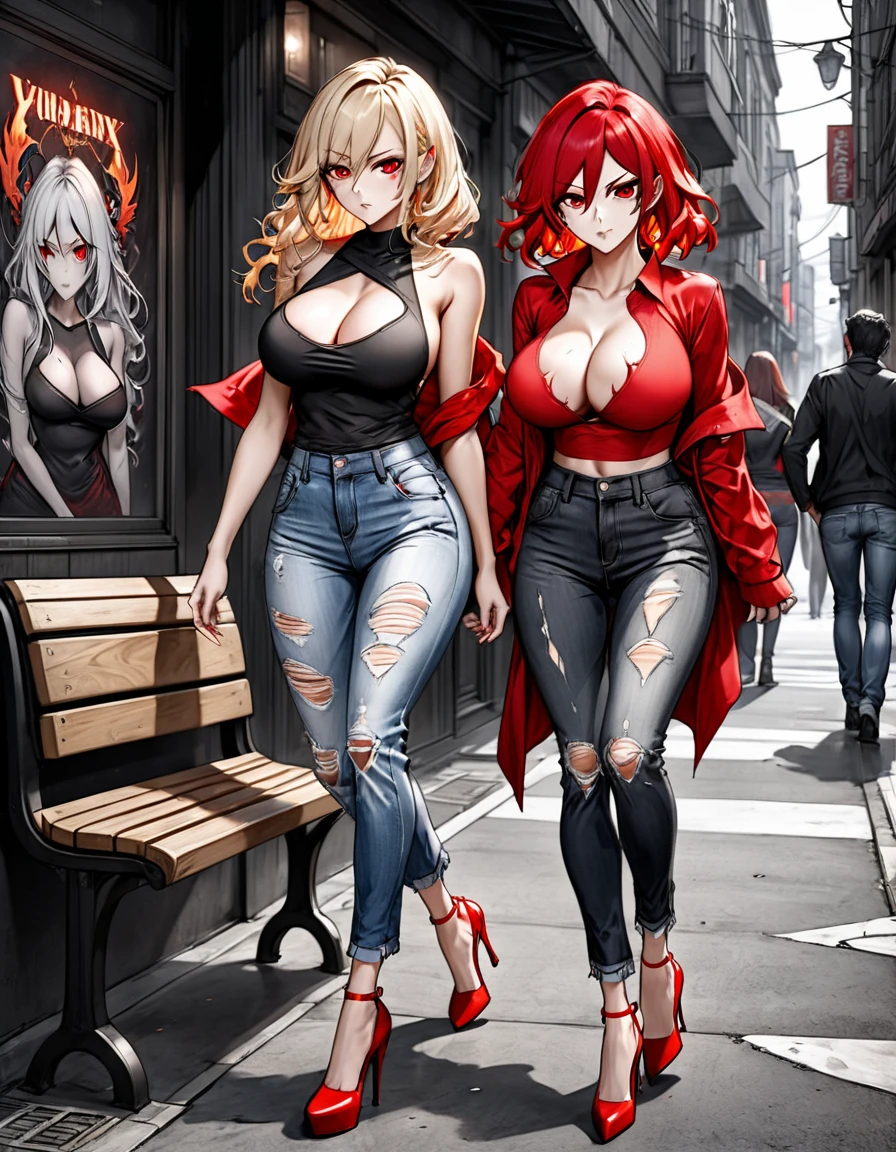 photo realism anime style Yusuke walled art Phoenix goddess alucard + sarada fitness sexy big tits with cropped wavy hair v cut dress v cuts ripped jeans wearing high heels walking on a dark dark street scared style photo realism, fully detailed drawing in black and monochromatic bench and only the strong red diamond eyes 