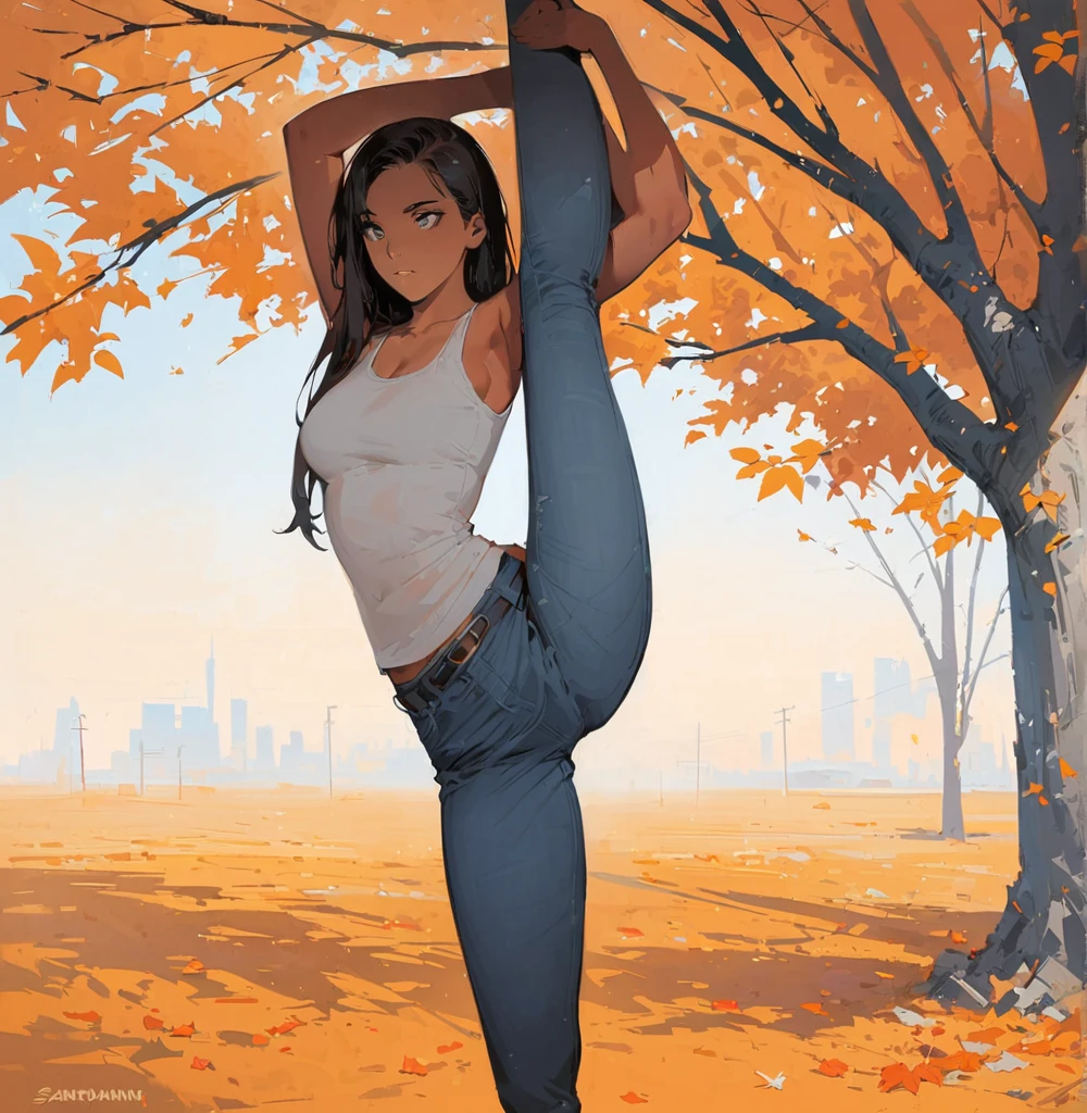 close, Beautiful woman in samdo art style, In a park covered with orange leaves , alone,Are standing_Split, Jeremy Mann, By Sandra Chevrier, Dave McCain、Richard Avedon、Maciej Cuchala, White tank top and jeans, High resolution, 8K,naked