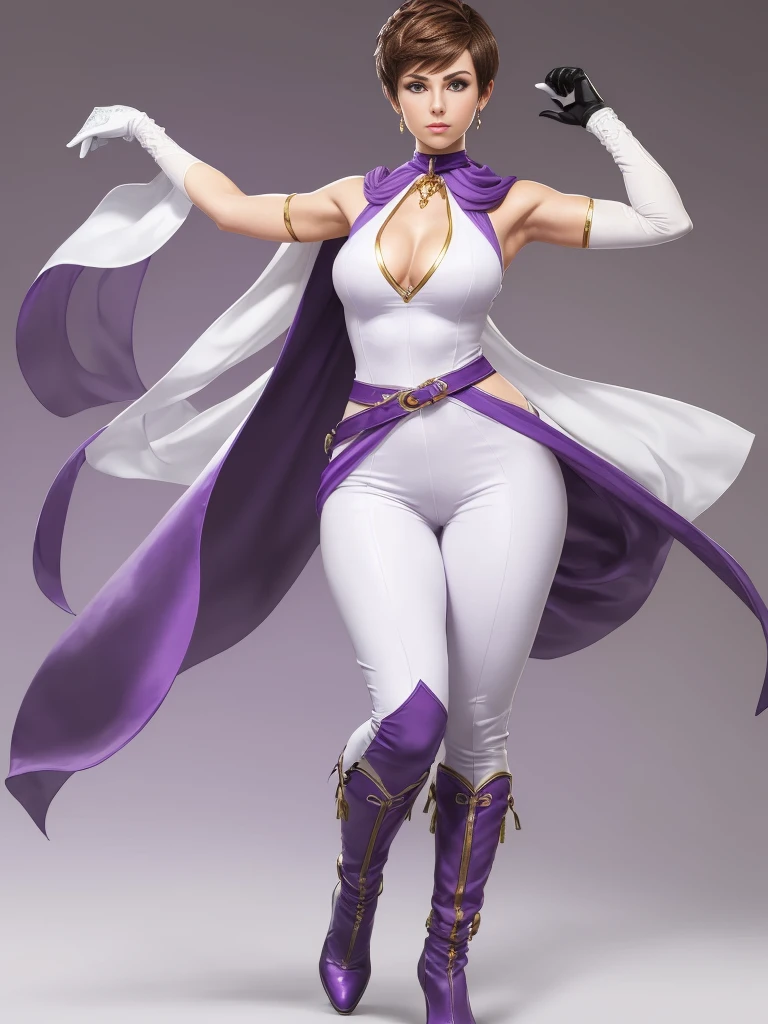 ((best quality)), ((4k)), ((highres)), ((masterpiece:1.2)). ((detailed)), ((ultra realistic)), ((intricate details)), ((full body picture)), ((solo character)), ((blank background)), ((standing in a blank background)), a full body shot of a beautiful european female, polish woman, polish beauty, ((emphasis on her fair skin complexion)), ((brown hair)), pixie haircut, ((PIXIE HAIRCUT)), ((VERY SHORT HAIR)), perfect face, gorgeous face, ((vivid hazel eyes)) detailed eyes, detailed lips, about 6'3 tall, ((TALL WOMAN)), about 18 years old, muscular body, ROBUST FRAME, muscular arms, she's dressed in a sleeveless purple jumpsuit with high neck, ((PURPLE JUMPSUIT)), ((high neck)), no cleavage, ((no cleavage)), BLACK boots and white gloves, ((BLACK boots)), ((white gloves)), WHITE and purple long SCARF AROUND HER neck WITH GOLD ADORNMENTS, ((WHITE and purple long SCARF AROUND HER neck)), posing with her arms above her head, ((arms above head)), fighting game character concept art, tekken character design, the king of fighters character concept, full bofy, full body concept art, full body art