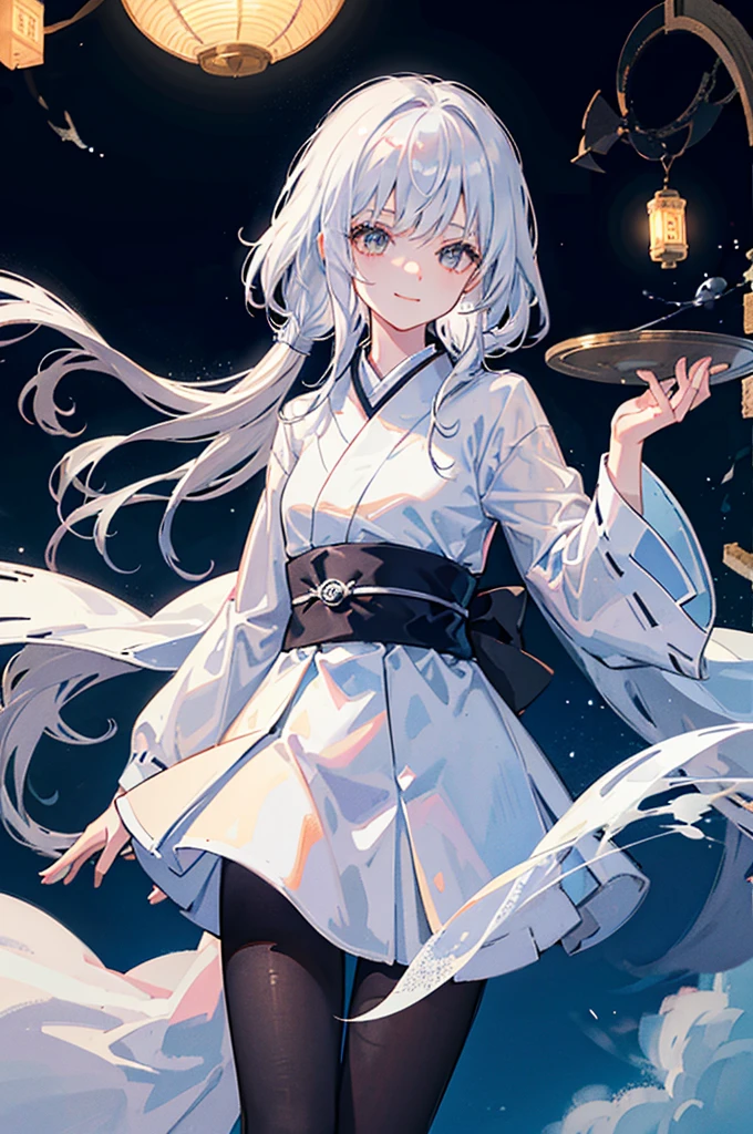 1girl, ghost girl, silver hair, white eyes, white skin, smile, long hair, flies, levitates in the air, white sheet, white cape, ghost, ghostly, translucent, holds a lantern, japanese lantern, holds a cup, tea, glass cup, glass teapot, tea, night, the moon, objects are flying