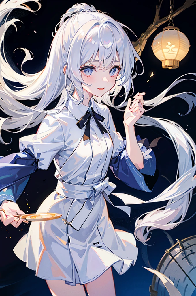 1girl, ghost girl, silver hair, white eyes, white skin, smile, long hair, flies, levitates in the air, white sheet, white cape, ghost, ghostly, translucent, holds a lantern, japanese lantern, holds a cup, tea, glass cup, glass teapot, tea, night, the moon, objects are flying