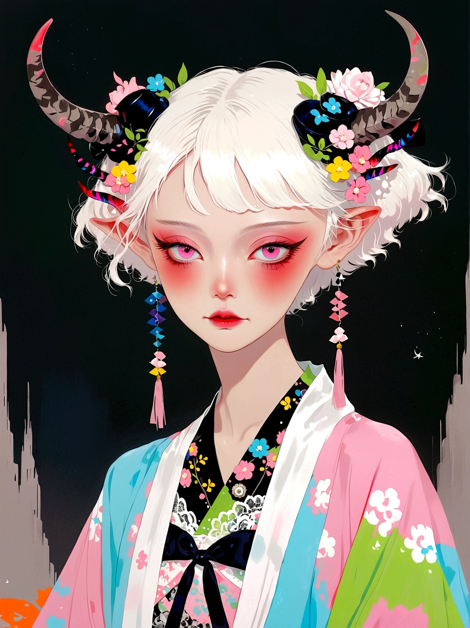 cartoon，Girl with pink horns on her head，Pink eyes，Phosphor，Neat short hair，Japanese horror style Japanese pop surrealism, author：Yukika Kosaka, Nguyen Gia and Joao Nguyen, 
