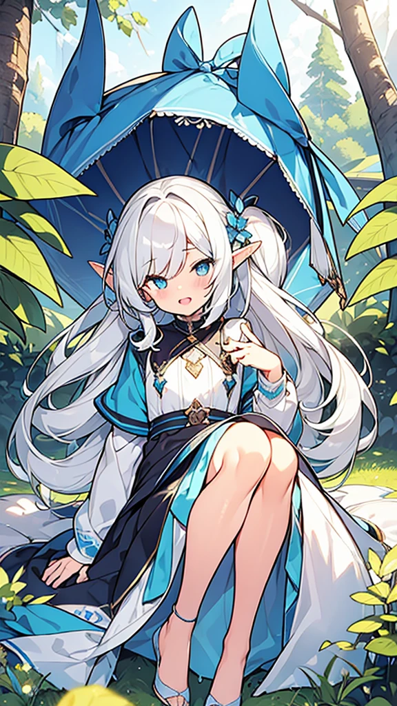 ((Highest quality)), ((masterpiece)), (detailed), 1 personの女の子, The background is nature、The weather was sunny.、Silver hair straight long hair、Half Up、Parallel thin eyebrows、Double droopy eyes、Thin lips、Small nose、Blue Eyes、Long eyelashes、Delicate appearance、Illustration seen from the front、A big smile with an open mouth、White dress、Fantastic illustrations、Highlights are 7 colors、The light is on my face、Illustration of eyes matching the viewer、Elf、For delivery、Character portrait、whole body、Illustration of toes、1 person、