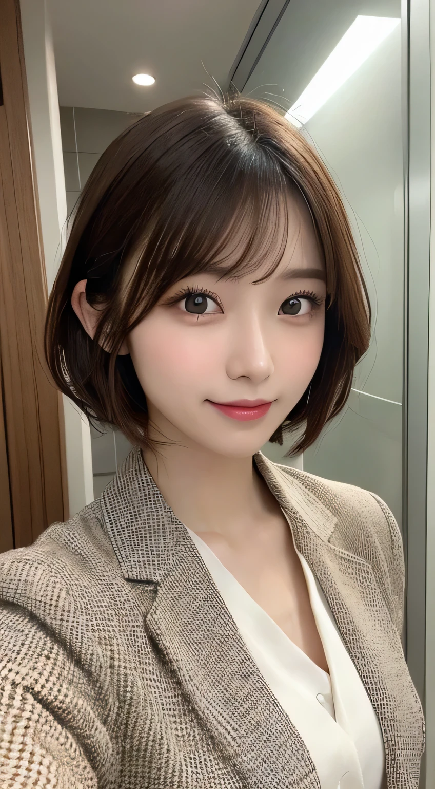 masutepiece, Best Quality, Illustration, Ultra-detailed, finely detail, hight resolution, 8K Wallpaper, Perfect dynamic composition, Beautiful detailed eyes, suits,Shorthair,mid-chest, Natural color lip, Bold sexy、Jacket、shirt、Brown Hair、 poses,Smile,harajuku、20 years girl、Beauty Department、sexy shot looking at camera、The background is the office