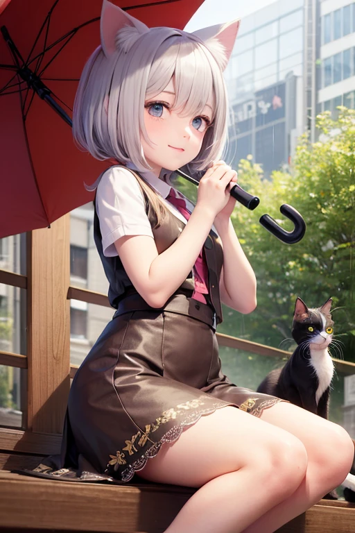 Girl holding an umbrella, rain, Cat ear