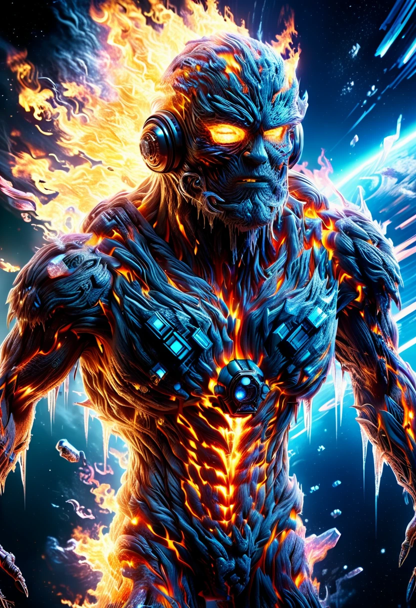 a highly detailed digital artwork of brutal bodies in space, ultra HD, very detailed, Remodernism style, digital art, detailed textures, futuristic, dynamic composition, vibrant colors, high contrast, shadows and light, sci-fi elements, close-up view.