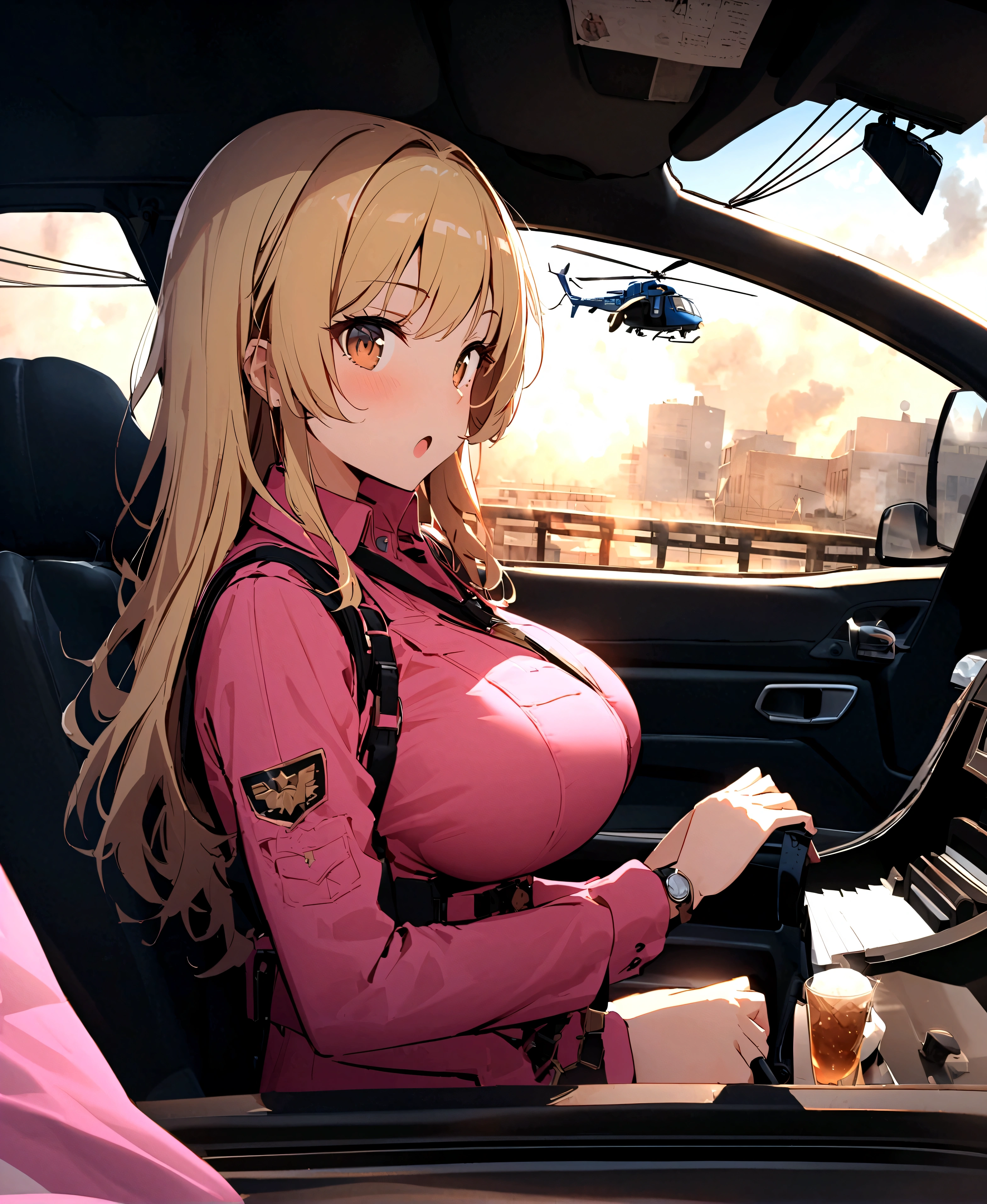 Police Box in Front of Kameari Park, Katsushika Ward、police box、solo、1 person、Akimoto, Catherine, Reiko、(((pink police officer outfit)))+++、blonde long hair、brown eyes、big tits milf、big tits milf、big milf、Super celebrity police officer Reiko、Akimoto trade、fashion designer、Big rich、Professional level skill in all sports、Piano playing、His shooting skills are also superhuman, as he used a rifle to shoot through parachute strings at an altitude of several hundred meters.、I once won a gold medal at the Olympics。I'm also good at driving a car.、My favorite car is Porsche。Launching an airstrike using a combat helicopter、