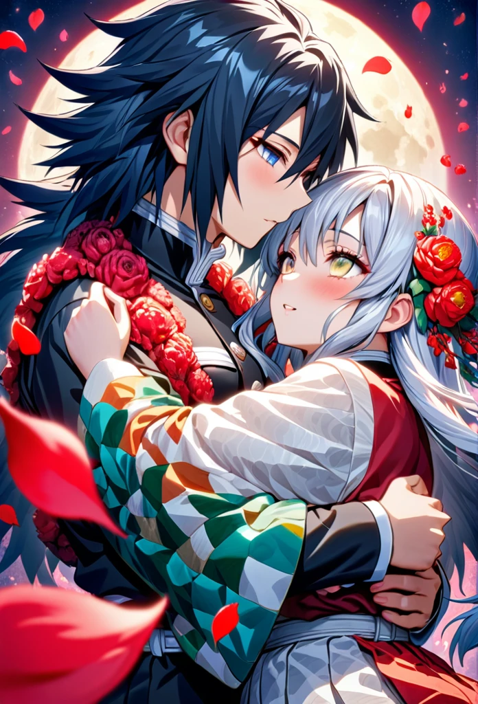 Ultra detailed, highres, absurdres, HDR, master piece, anime girl, pretty woman with white long hair with red streaks, girl with yellow eyes, girl with red haori, black demon slayer uniform, Kimetsu No Yaiba, fantasy, petals, red flowers, pretty, Tomioka Giyu, Water Hashira using Tomioka Giyu haori, huging, romance, magic, moon, best quality, extremely detailed face, love, passion, romance, anime, they are realy in love, love hug