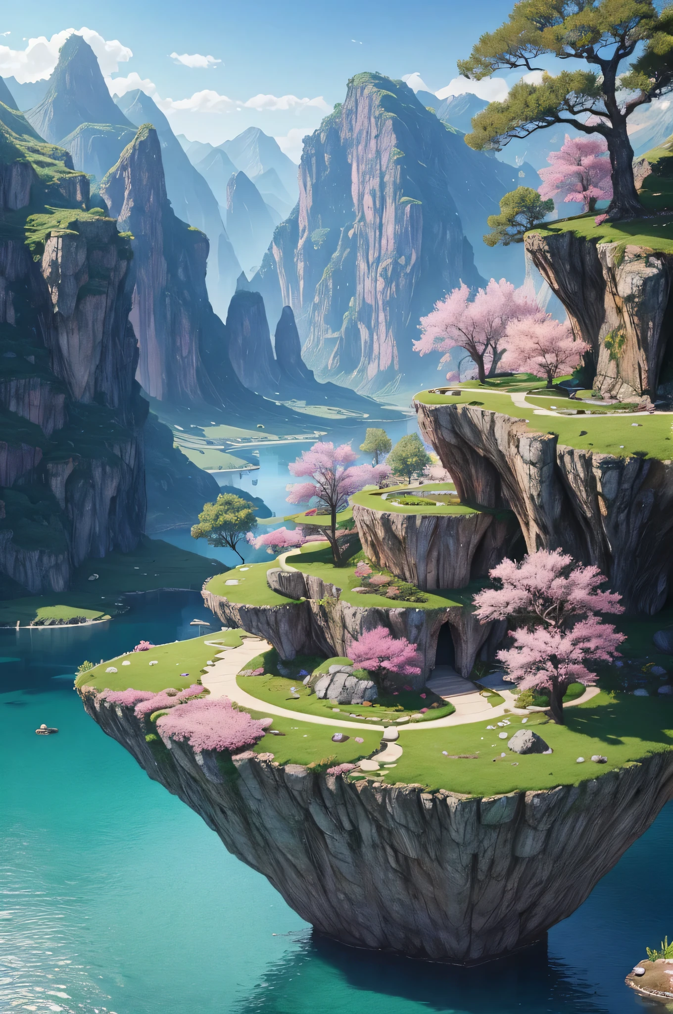 Fantasy World，Fantastic natural scenery，Magnificent valley，There are huge rocks around，Pink fantasy grass，There is a clear lake in the center，Surrounded by fantasy-style trees and plants。Realistic style，Real light，Authentic materials