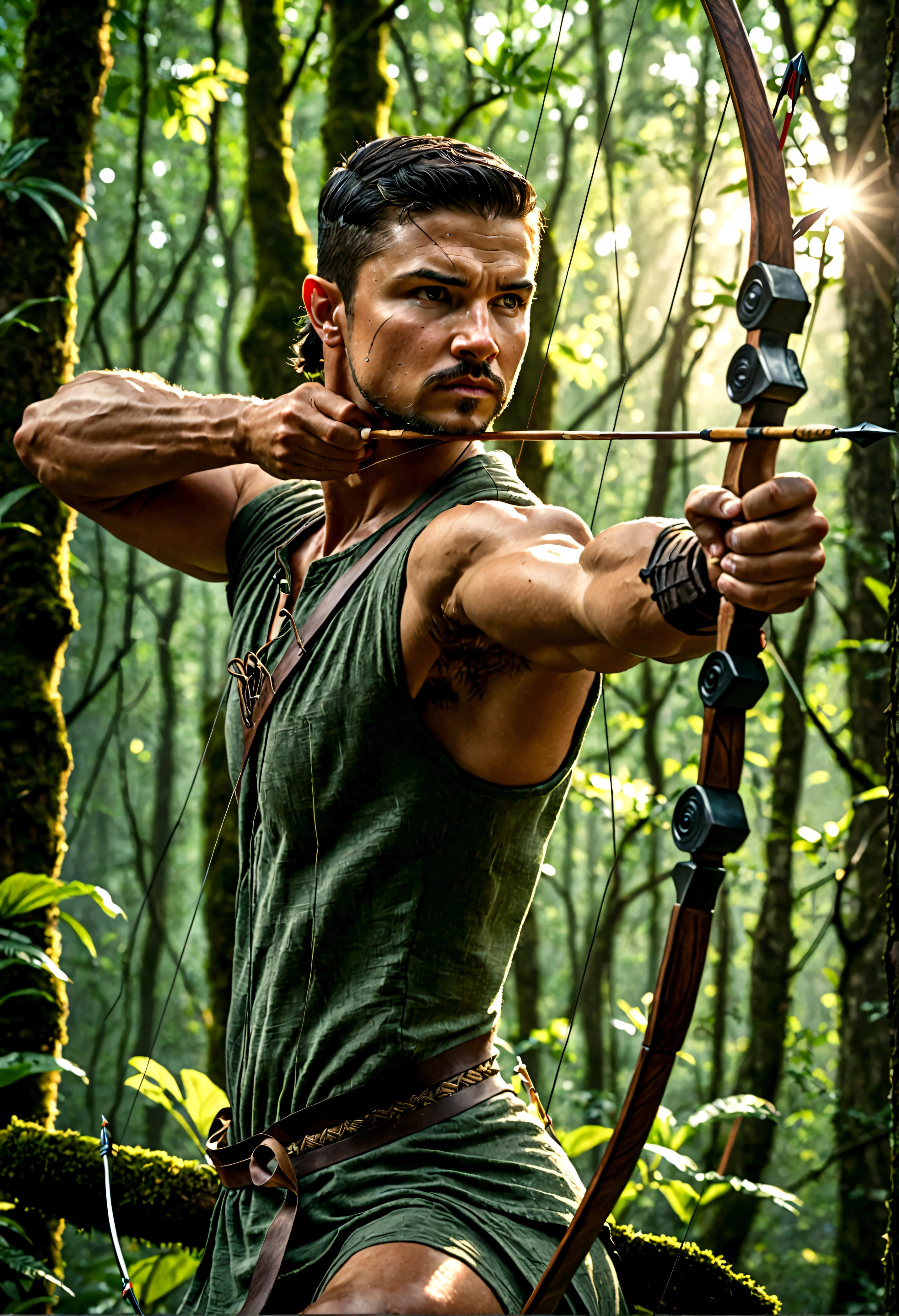 A skilled archer in a lush forest, drawing a bow with an arrow ready to fire, dramatic lighting, cinematic angle, highly detailed, photorealistic, 8k, intricate details, muscular physique, determined facial expression, rugged clothing, realistic textures, dynamic pose, atmospheric lighting, muted color palette, dramatic shadows, depth of field