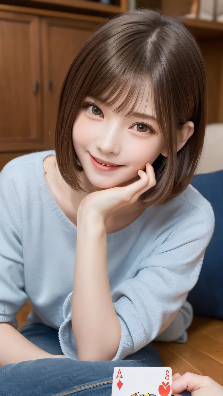 closeup shot , Best picture quality (8K, high resolution, Masterpiece: 1.2), super detailed, 215 Short Hair, 16-year-old woman,
situation: A scene of friends playing Old Maid in the living room。
clothing: Casual home style、T-Shirts、jeans、slipper。
angle:
Close-up: Hands holding cards、A detailed view of your hand as you draw a card。
Detailed depiction: Smiling friends having fun、Living room interior background、Emphasise a relaxed, homely atmosphere。
Emotional moment: The tension of whether or not to draw a joker、Capture the cheers of victory。
, random cute pose ,big eyes ,Puffy eyes , Heart Pupil, blush , huge shy smile , salute