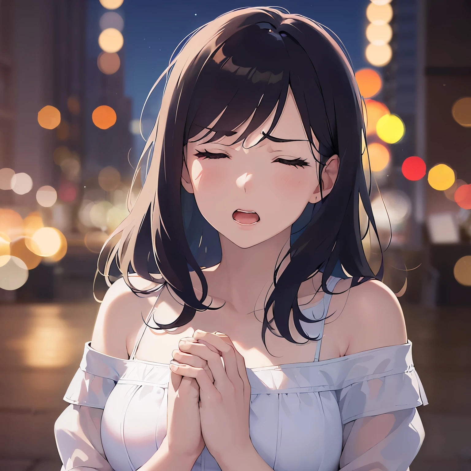 (clasping own hands:1.3),Biologically correct five fingers,Upper Body,Realistic,real person,(pale skin: 1.2),RAW photo,photorealistic,shiny skin,shiny hair,(A 26-year-old woman with straight hair and bangs)and(medium hair)and(black hair)and(closed eyes:1.5),BREAK(white off shoulder blouse)BREAK,(angry:1.5),open mouth,Background is a park at midnight,(night:1.5),Alone,Are standing,side angle