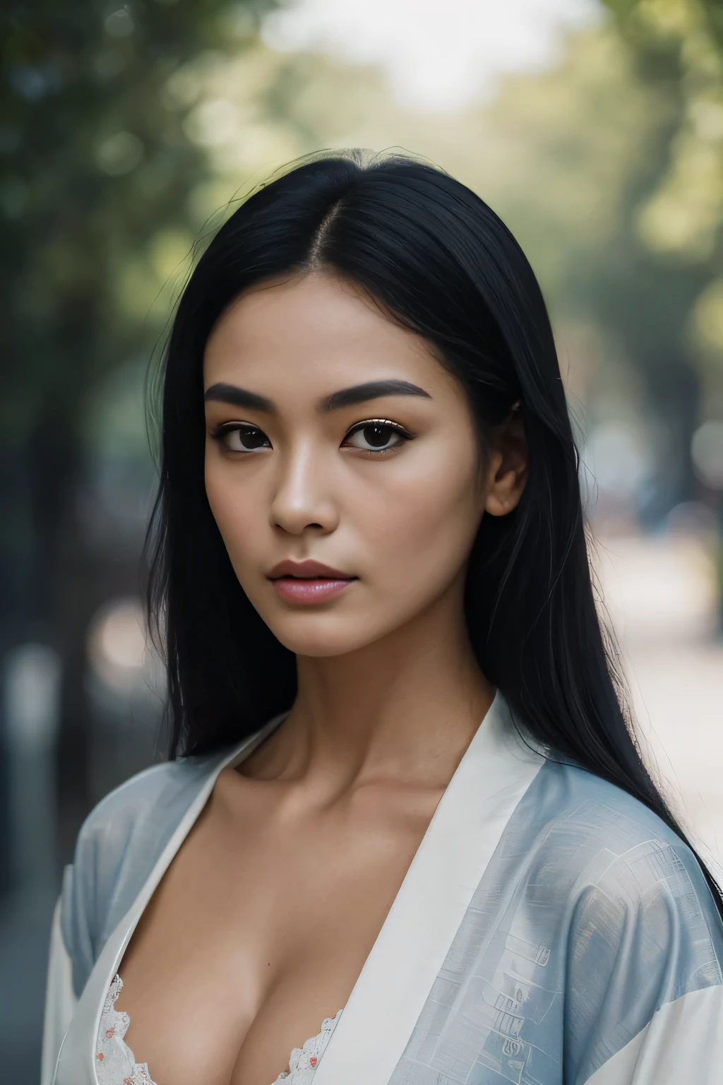 photo of a 35 years old, (chinese girl), (((european girl))), RAW, beautiful woman,((((high prominent cheekbones)))), (((thin pointy nose))), ((thin eyebrows)), ((((long straight black hair)))), (((supermodel face))), (dark brown eyes), (( perfect anatomy)), (((busty))), ((detailed face:1.2)), ((detailed facial features)), (finely detailed skin), (((white kimono with cleavage))), . (vivid colors), damp, moist, reflections, (masterpiece) (perfect proportion)(realistic photo)(best quality) (detailed) photographed on a Canon EOS R5, 50mm lens, F/2.8, HDR, (8k) (wallpaper) (cinematic lighting) (dramatic lighting) (sharp focus) (intricate) fashion, realistic skin texture, POV, Nikon d850, film stock photograph,4 Kodak Portra 400, camera f1.6 lens, rich colors, ultra-realistic, hyper-realistic, ultra-detailed, hyper-detailed, ((perfect face, perfect body), RAW photography, realistic skin texture, summer atmosphere, (((standing)) ,((matte skin))