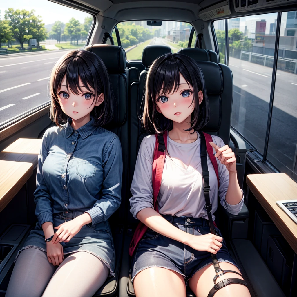 Ultra realistic , two girls, obra maestra, mejor calidad, alta calidad, defined, detailed, HD, (piel morena), ojos definidos, ojos cafes intensos, long eyelashes, small mouth, sonrisa, :3, very long hair, pelo liso, pelo oscuro, cuerpo reducido, bosom barely contained, big breasts, sexy, posando foto, mini skirt, sin sostenes, no bra, excitada, pezones erectos, sentada, smartphone, pc, nice view, full body, nice body, camisa blanca, camisa ajustada, abierto, mojada, sudada, caliente, tight, sonrojada, nice legs, nice hands, nice fingers, no socks, sin flequillo, peinada hacia atras, pose lasciva, petites, no skirts, open legs, executive, smart, open shirt, lean, showing, upskirt, blowing, center, kissing friend, bus, bus stop, paradero, lower view, dowm to up camera, back view, below photo, climb bus stairs