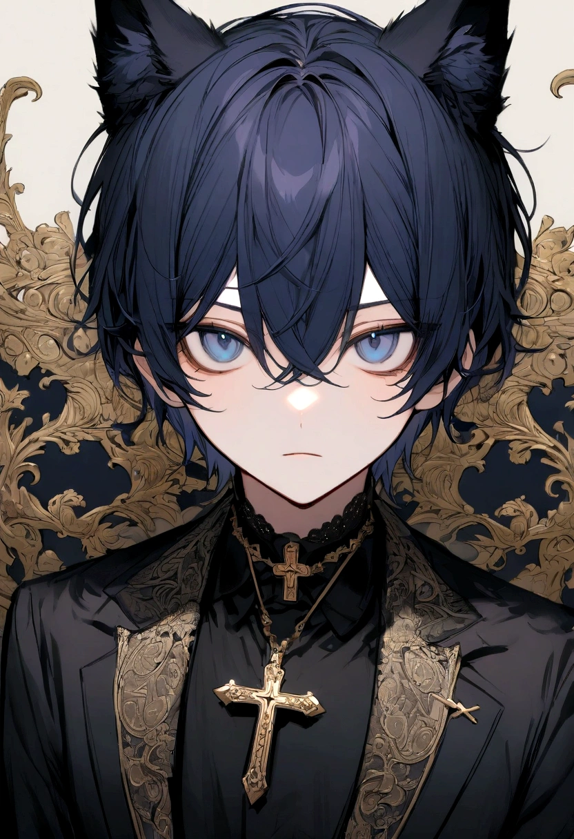 Dark blue hair boy, dark blue eyes, cross ornament in neck, black uniform with blazer, plain expression, dark blue cat ears, loocking cool