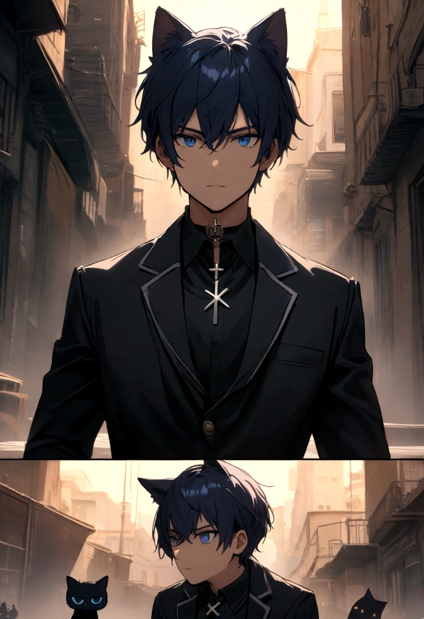 Dark blue hair boy, dark blue eyes, cross ornament in neck, black uniform with blazer, plain expression, dark blue cat ears, loocking cool