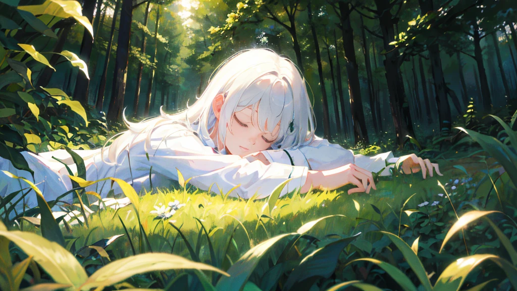 girl, sleep ,white haire, in the forest,4k,high detail