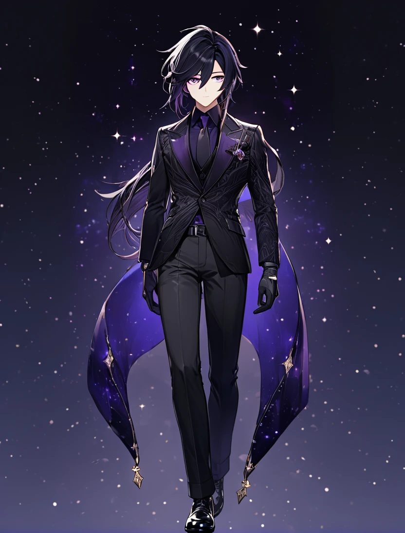 (black_hair), (long_male_hair), (deep_purple_eyes), (detailed_eyes), (attractive), (emotionless), (Deep_space_background), (male), (wearing _a_black_suit),(wears_black_pants), (black_leather_shoes), (black_tight_gloves), (long_male_hair), (detailed_Hair), (detailed), (detailed_mouth), (mysterious), (complicated), (full_body_image)