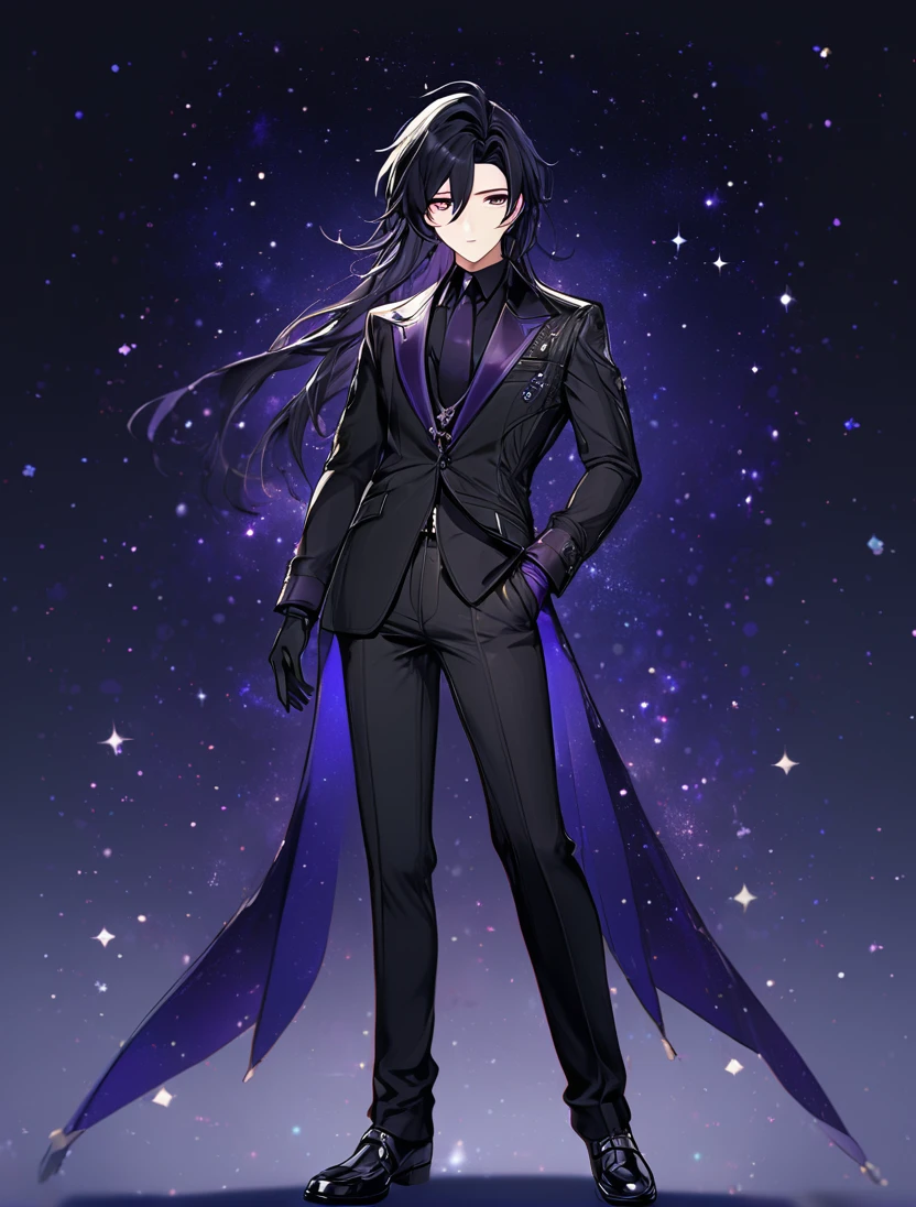 (black_hair), (long_male_hair), (deep_purple_eyes), (detailed_eyes), (attractive), (emotionless), (Deep_space_background), (male), (wearing _a_black_suit),(wears_black_pants), (black_leather_shoes), (black_tight_gloves), (long_male_hair), (detailed_Hair), (detailed), (detailed_mouth), (mysterious), (complicated), (full_body_image)