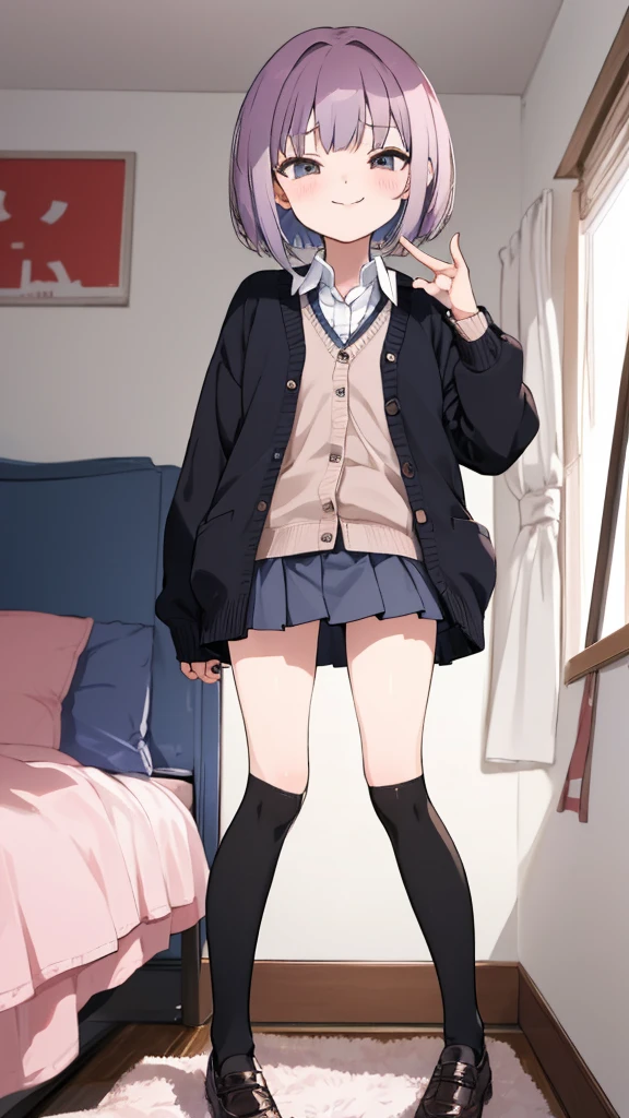 1girl,,(petite),my room,,,uniform,cardigans,miniskirt,looking viewer,,thighhighs,shoes,short hair,bob hair