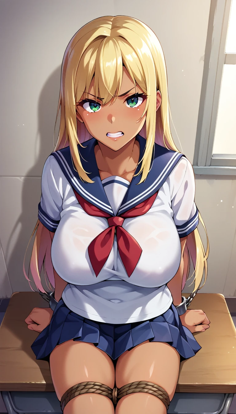 (masterpiece, best quality, ultra-detailed, high resolution, detailed eyes), takeda hiromitsu style, 1girl(), (school uniform, short sleeve shirt), (long blonde hair), solo, tanned skin, tsurime, (furious:0.8), large breasts, slender body, looking at viewer, pov, cowboy shot, arms behind back, sitting, school, {restrained, shackles, rope}