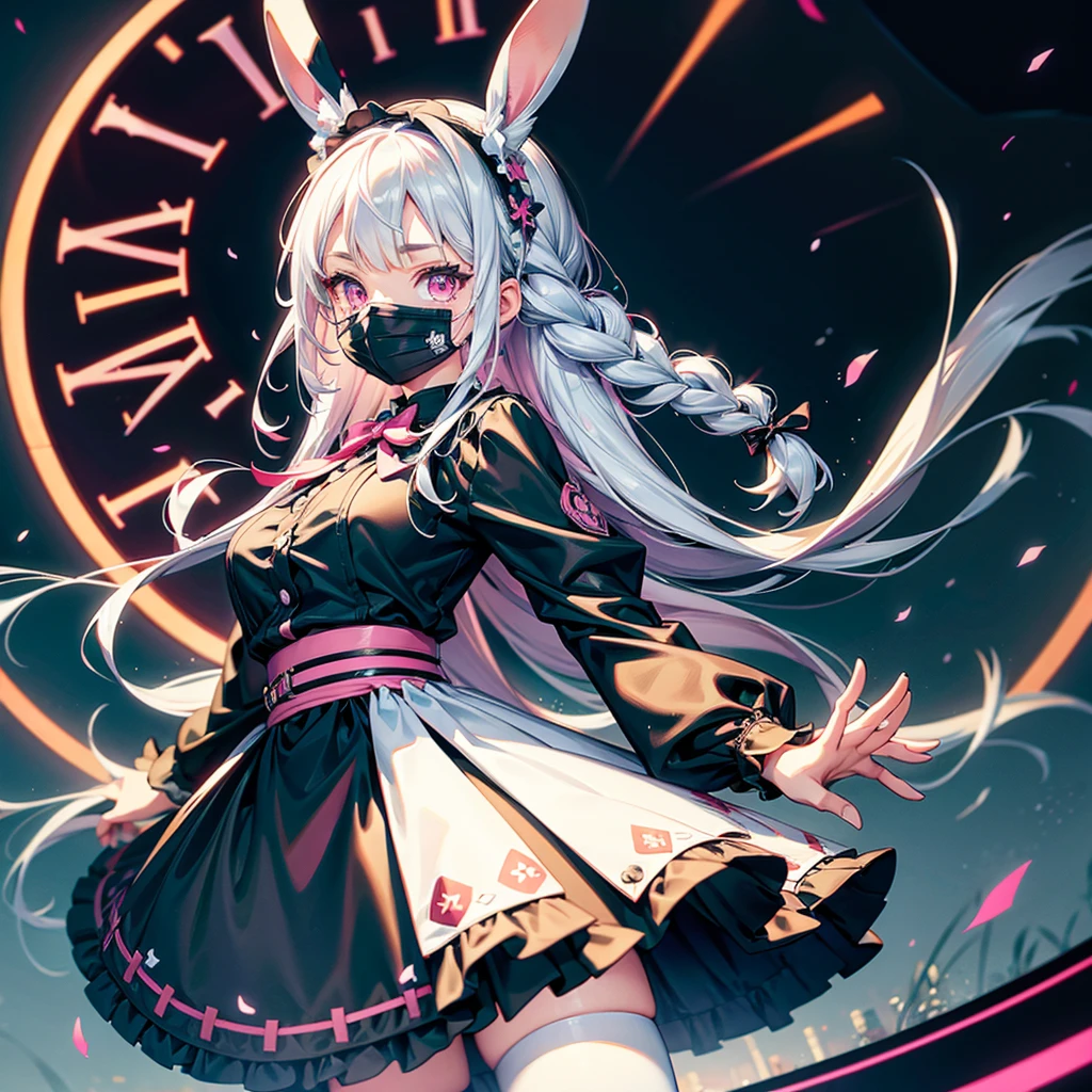 Focus on the face、(((background|Distorted Clock:1.5)))、Handsome face、Dynamic configuration、((Perspective Lens, Woman with long milky white hair, Dynamic pose with a calm expression, Holding something large with both hands, Stuffed rabbit )) ((純粋な黒色のbackground:1.2)),Anime Style、detailedな目、Early 20s,Shooting on the move,Her long braided hair sways. Her outfit is reminiscent of Gothic ta,Black and pink color palette,Playful.,Neon color line fractal art、Super huge、whole body、detailed、Cowboy Shot、Alice in Wonderland、Trump、background|Distorted Clock:1.5、Fantasy、Absurd、