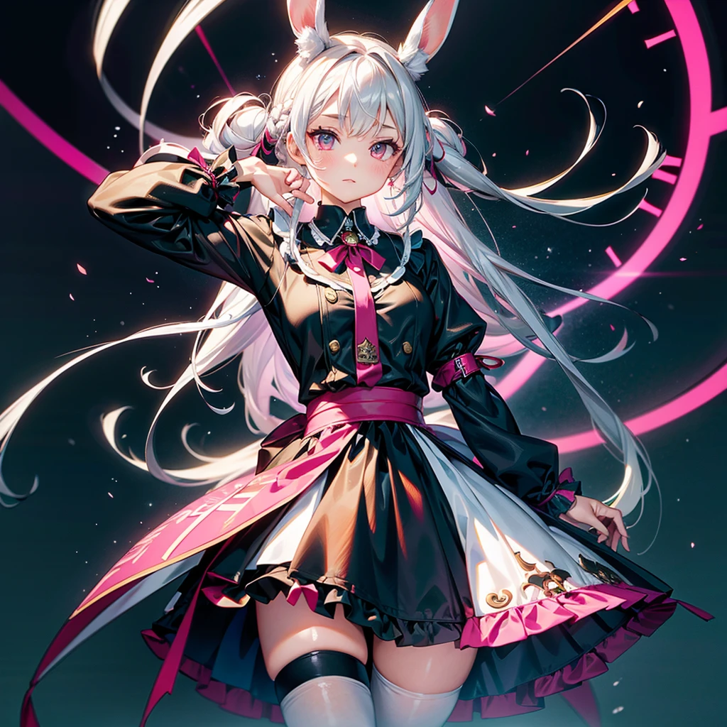 Focus on the face、(((background|Distorted Clock:1.5)))、Handsome face、Dynamic configuration、((Perspective Lens, Woman with long milky white hair, Dynamic pose with a calm expression, Holding something large with both hands, Stuffed rabbit )) ((純粋な黒色のbackground:1.2)),Anime Style、detailedな目、Early 20s,Shooting on the move,Her long braided hair sways. Her outfit is reminiscent of Gothic ta,Black and pink color palette,Playful.,Neon color line fractal art、Super huge、whole body、detailed、Cowboy Shot、Alice in Wonderland、Trump、background|Distorted Clock:1.5、Fantasy、Absurd、