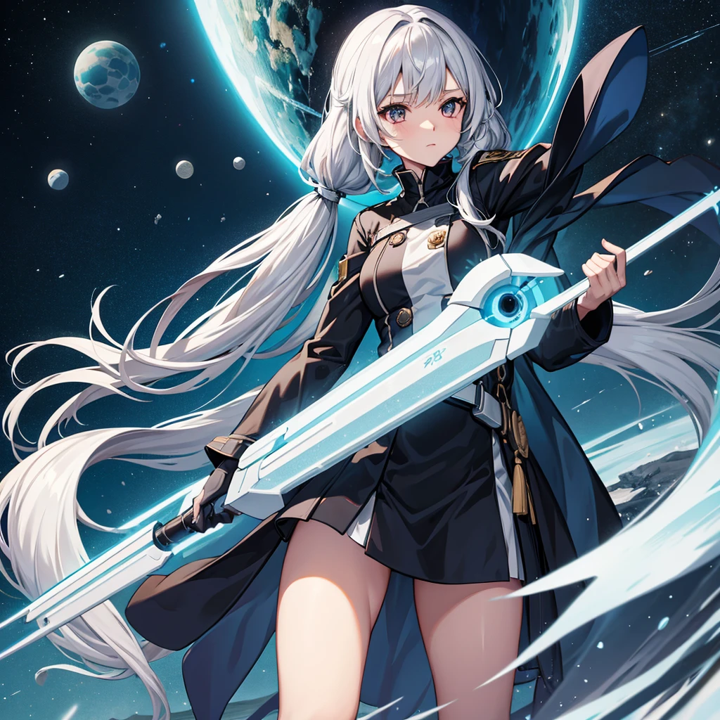 Space Battleship Bridge、Uniform based on white、black tights, silver hair, twintails, very long hair, upturned eyes, anime, cowboy shot, best quality, masterpiece, 4K