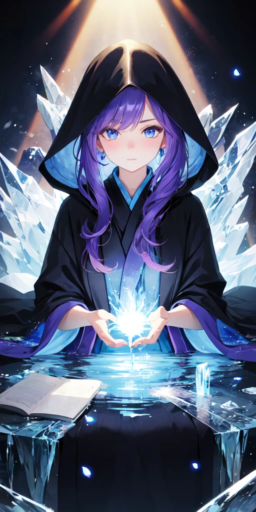 One woman, Purple Hair, blue eyes,Water and Ice Witch,  Particles of light, light, wallpaper, High Contrast, colorful,Black and indigo robes