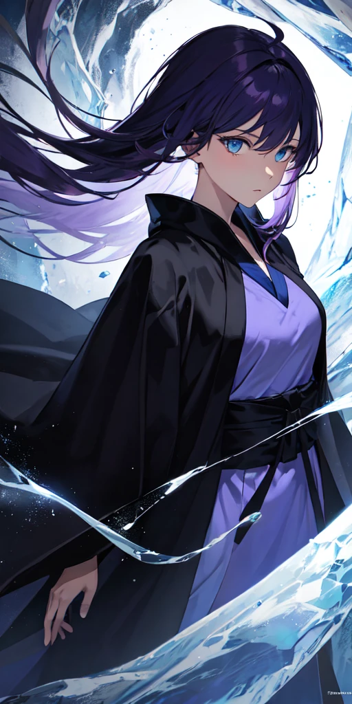 One woman, Purple Hair, blue eyes,Water and Ice Witch, Particles of light, light, wallpaper, High Contrast, colorful,Black and indigo robes