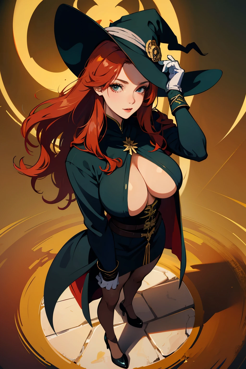 masterpiece, best quality, ultra-detailed, sexy, ero, full body, in the middle, look down from above, a pretty woman, solo, witch, beautiful red hair, beautiful black eyes, beautiful eyes, long hair, large breast, hat, gloves, cool,entire body,standing,Green Wizard's Robe,intellectual,bewitching