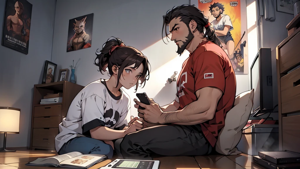 (Junkotvv a girl con orejas de gato) and (neocruz a boy con barba y sin orejas de gato), playing video games together in a room full of 80s style anime and posters in neon tones with video game controllers in their hands and enjoying