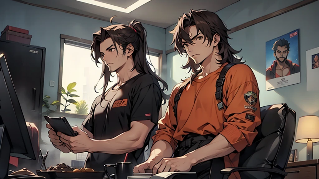 (Junkotvv a girl con orejas de gato) and (neocruz a boy con barba y sin orejas de gato), playing video games together in a room full of 80s style anime and posters in neon tones with video game controllers in their hands and enjoying