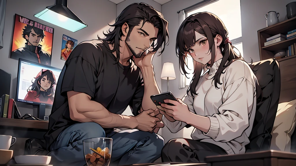 (Junkotvv a girl con orejas de gato) and (neocruz a boy con barba y sin orejas de gato), playing video games together in a room full of 80s style anime and posters in neon tones with video game controllers in their hands and enjoying