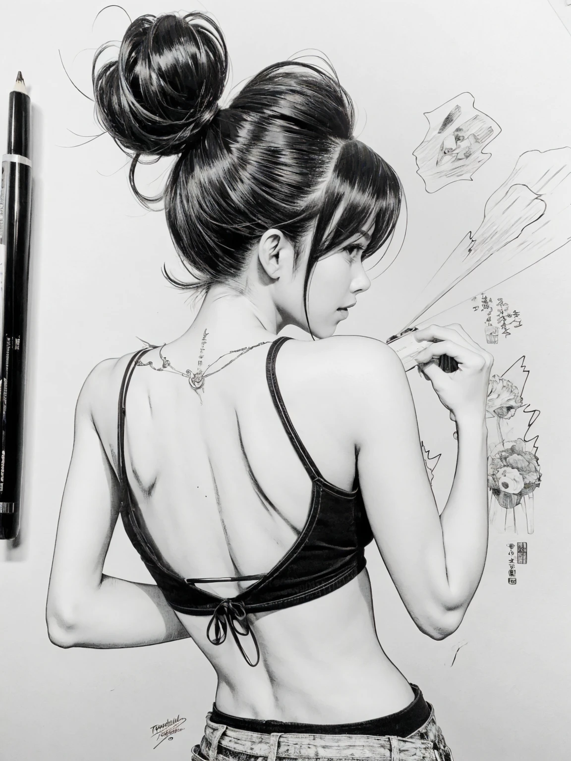 古い紙に描いた木炭のラフsketch, Image of a supple Asian woman,Sexy pose,Beautiful line drawing,+Expressive lines,表現力豊かなsketch風に描く, incubation, 白黒sketch, Hand-drawn, 古い紙に描いた木炭のラフsketch, Image of a supple woman,Dynamic pose,Beautiful line drawing,+Expressive lines,表現力豊かなsketch風に描く, incubation, 白黒sketch, Hand-drawn, sketch, Linear style::sketchノート風sketch, Linear style::sketch注釈スタイル