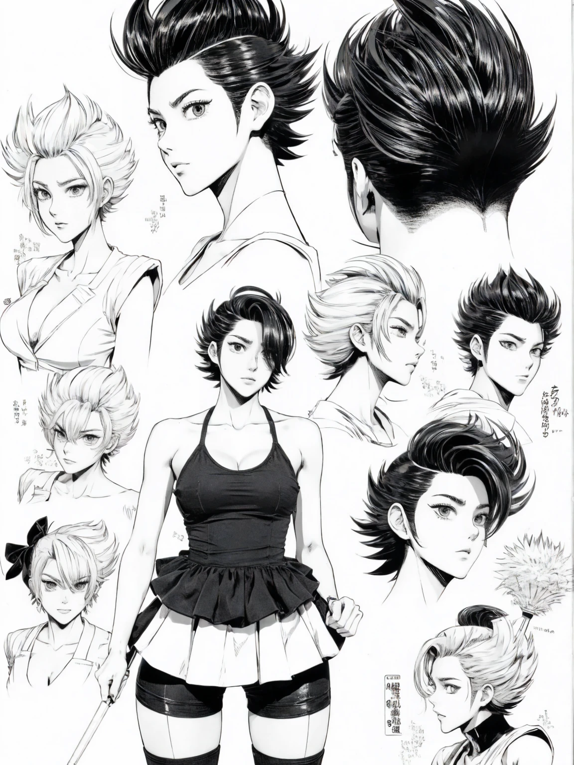 A manga panel of a woman, back pompadour spiky hairstyle, tomboy, full body image, cute. thick scribbly outlines, pencil and ink manga art, pencil and ink manga drawing, black and white, ink manga drawing, Manga illustration, black and white manga style, black and white manga panel, Manhwa Style, comic drawing, detailed manga style, inspired by Kohei Horikoshi
