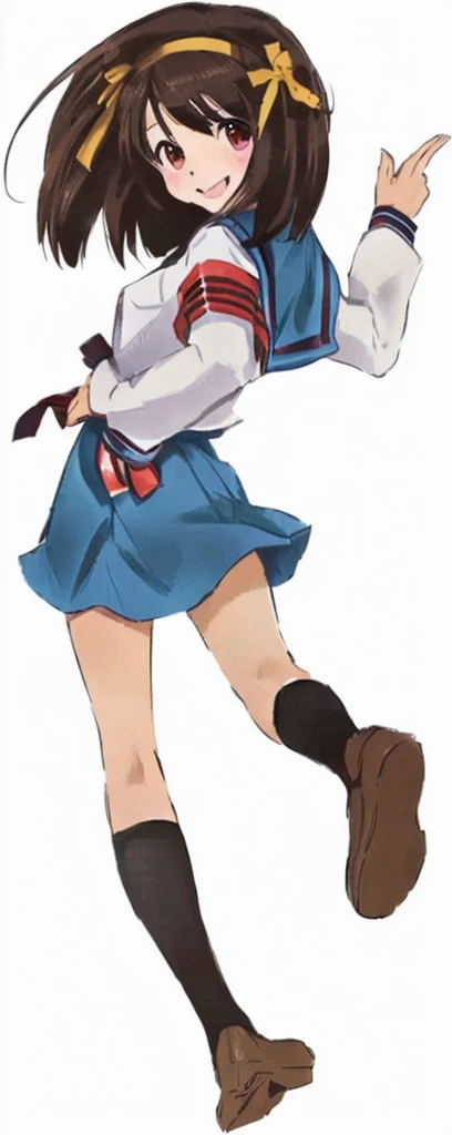 16 year old japanese teenager with brown hair, shoulder length hair, with a prominent yellow headband, crossing her arms and smiling confidently, wearing a long sleeve sailor-suit. Inside of a school