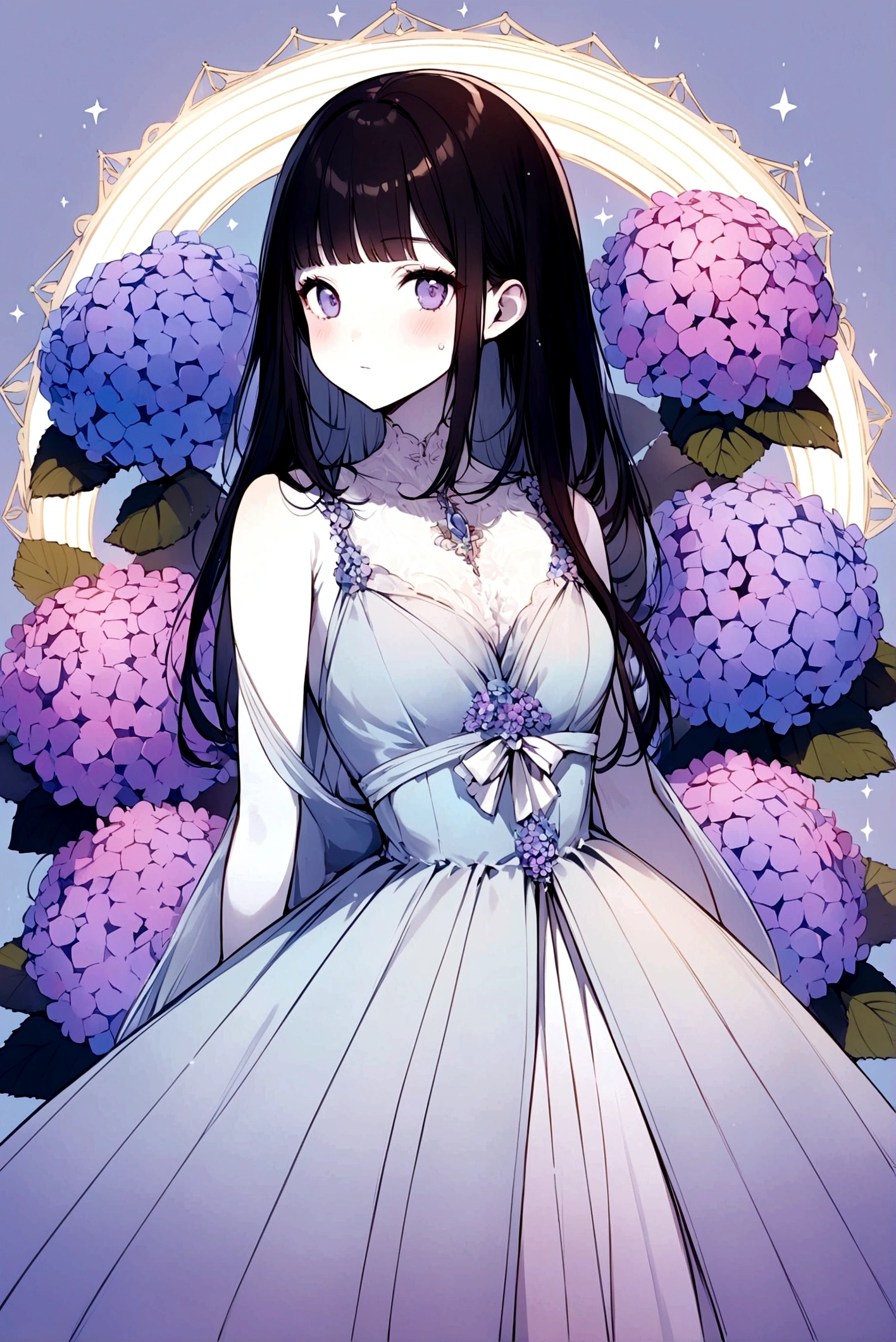 The background is a starry kaleidoscope.A vibrant and colorful illustration of cute Japanese female in a dress made of various hydrangeas, including pink, .It is an illustration drawn with delicate and precise touch, thin lines.A cute Japanese girl in a dress made of various hydrangeas, including pink, light blue, blue purple, and white, and a girl with white skin and long black hair with bangs are reaching into the sky.It's raining cats and dogs.Her hair is wet with rain.She poses like a model with a confident look on her face.