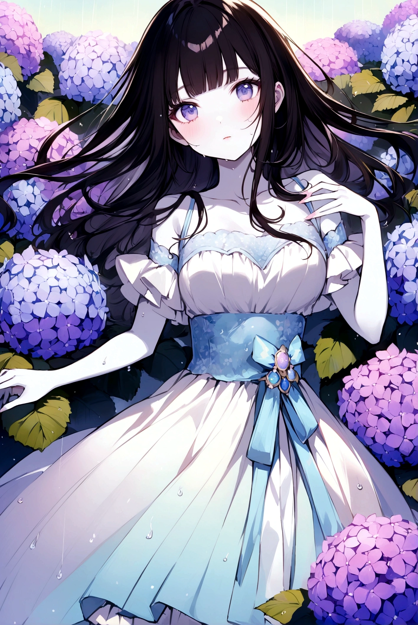 The background is a starry kaleidoscope.A vibrant and colorful illustration of cute Japanese female in a dress made of various hydrangeas, including pink, .It is an illustration drawn with delicate and precise touch, thin lines.A cute Japanese girl in a dress made of various hydrangeas, including pink, light blue, blue purple, and white, and a girl with white skin and long black hair with bangs are reaching into the sky.It's raining cats and dogs.Her hair is wet with rain.She poses like a model with a confident look on her face.